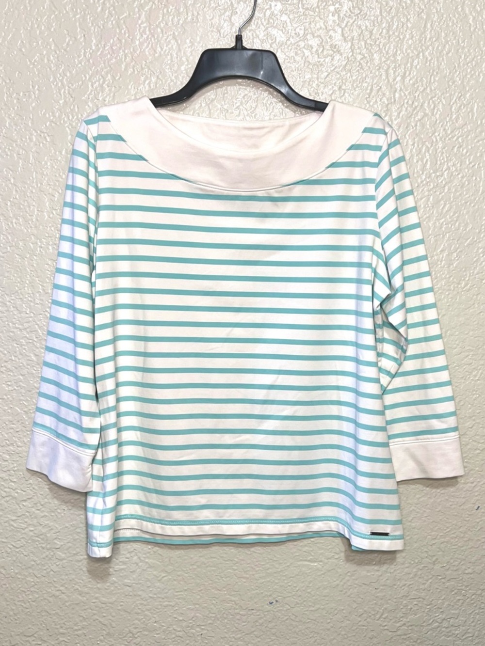 St. James Breton Stripe Boat Neck Top White Aqua 3/4 Sleeve Nautical Top 14 / L - Picture 2 of 8